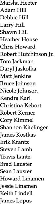 Marsha Heeter Adam Hill Debbie Hill Larry Hill Shawn Hill Heather House Chris Howard Robert Hutchinson Jr. Tom Jackma...