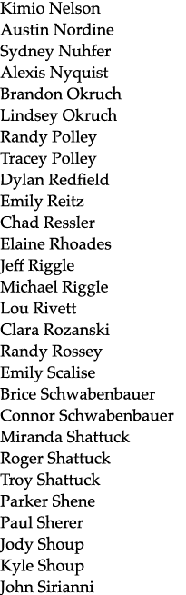 Kimio Nelson Austin Nordine Sydney Nuhfer Alexis Nyquist Brandon Okruch Lindsey Okruch Randy Polley Tracey Polley Dyl...