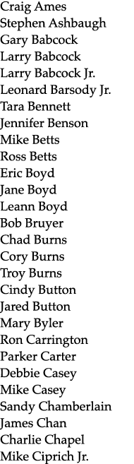 Craig Ames Stephen Ashbaugh Gary Babcock Larry Babcock Larry Babcock Jr. Leonard Barsody Jr. Tara Bennett Jennifer Be...